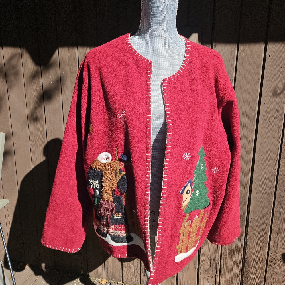 Vint Fleece Country Lace  Lrge Snowman Winter Theme Reversible Cranberry Color
